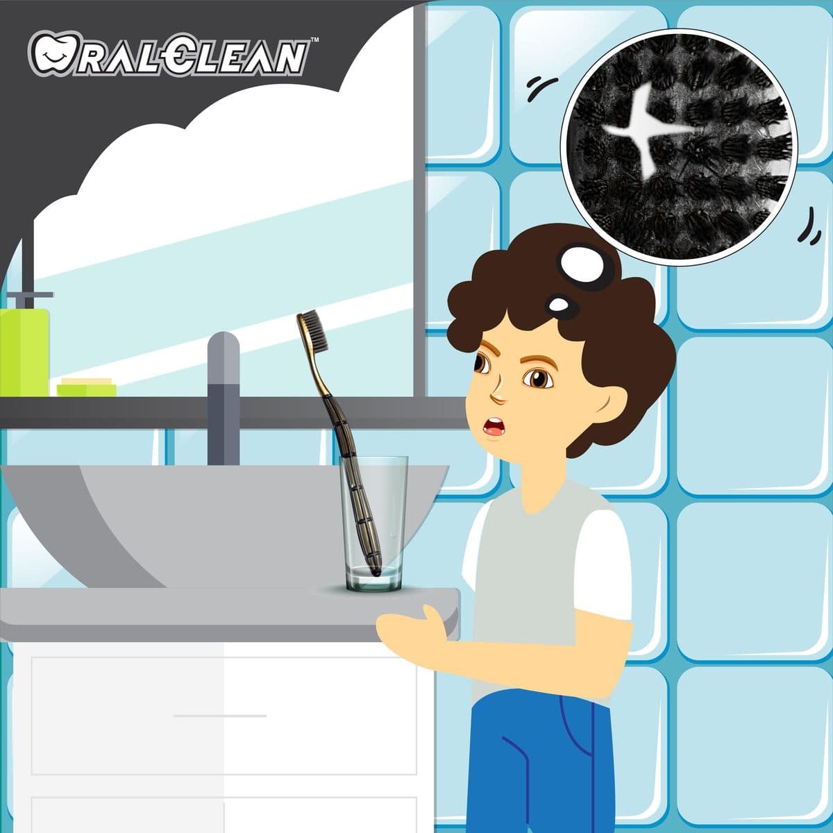 Minh hoạ cậu bé nhìn đầu lông bàn chải phóng to